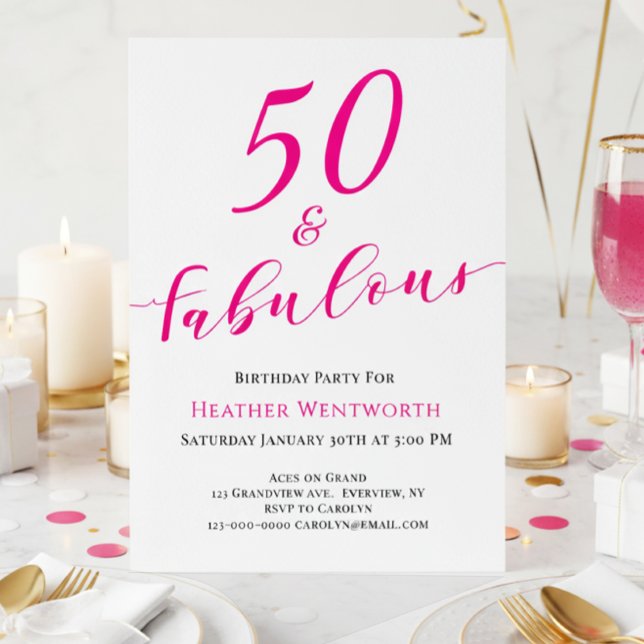 50 and Fabulous Fiftieth Birthday Hot Pink Script Einladung (Von Creator hochgeladen)
