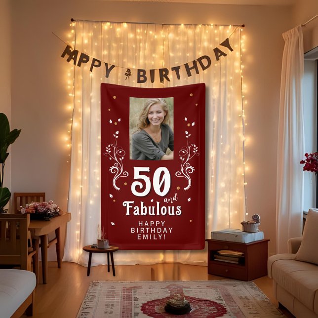 50 and Fabulous Foliage Red 50th Birthday Photo Banner (Von Creator hochgeladen)