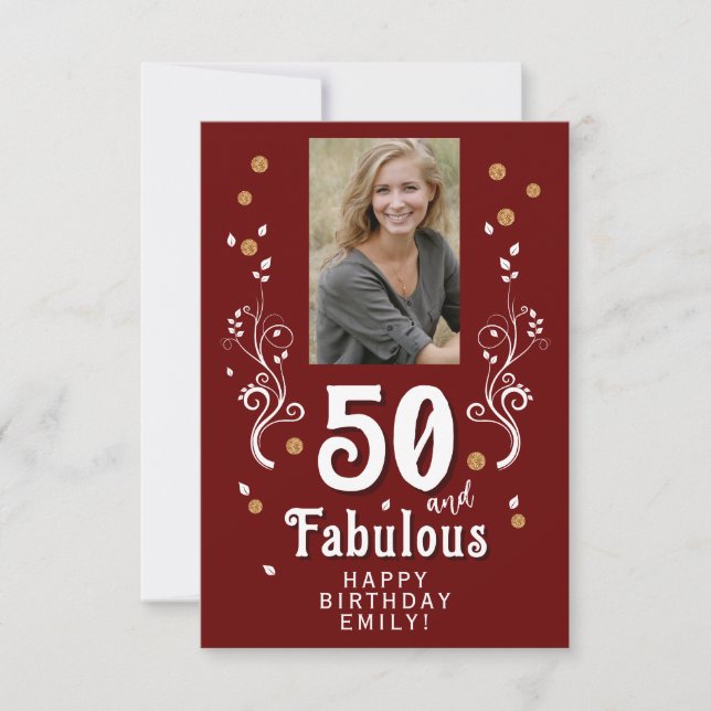 50 and Fabulous Foliage Red 50th Birthday Photo Karte (Vorderseite)