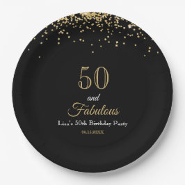 50 and Fabulous Gold Glitter and Black Birthday Pappteller