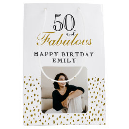 50 and Fabulous Gold Glitter Photo 50th Birthday Mittlere Geschenktüte