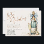 50 And Fabulous Gold Script Surprise 50th Birthday Einladung<br><div class="desc">This modern and elegant 50 and Fabulous Gold Script Surprise 50th Birthday Party Invitation is perfect for your loved one who's turning fifty! It features a watercolor champagne bottle decorated with pearls, delicate cream flowers that's tied with a soft teal blue bow. It's fonts are trendy yet classic, feminine and...</div>