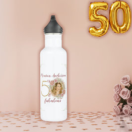 50 and Fabulous Pink Floral Gold Photo Birthday Edelstahlflasche
