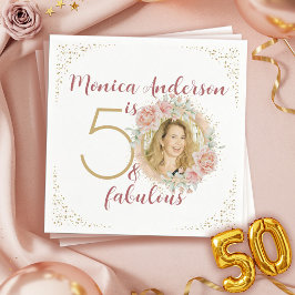 50 and Fabulous Pink Floral Gold Photo Birthday Serviette