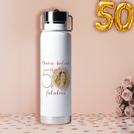 50 and Fabulous Pink Floral Gold Photo Birthday Trinkflasche