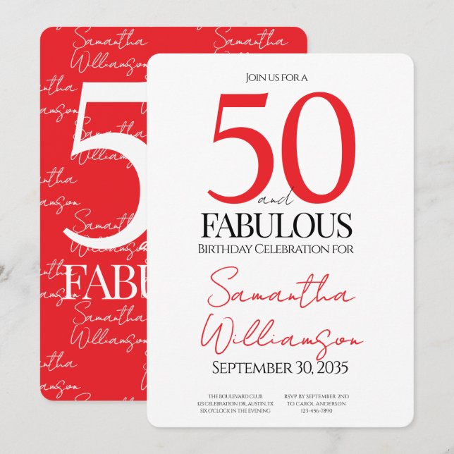 50 and Fabulous Red | 50th Birthday Elegant Simple Einladung (Vorne/Hinten)