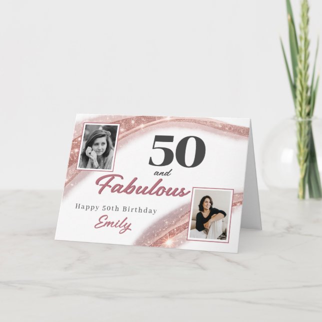 50 and Fabulous Rose Gold Photo 50th Birthday Karte (Vorderseite)