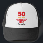 50 and Still Smokin Hot 50th Birthday DIY Truckerkappe<br><div class="desc">50 und Still Smokin Hot Hat. In Fun gift for someone's 50th Birthday. ⭐ This Product is 100% Customizable. ****Click on CUSTOMIZE BUTTON to add, delete, move, resize, change around, rotate usw.Ja, ja. Ja. 99 Prozent von my designs in my store are done in layers. This makes it easy for...</div>