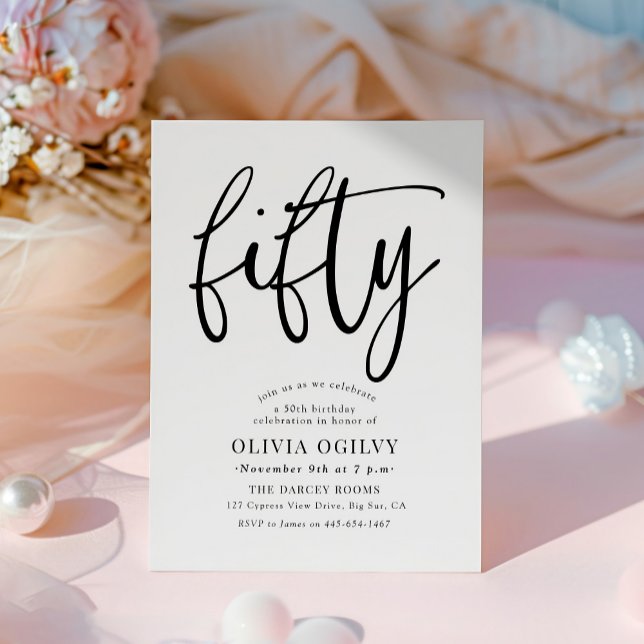 50. B&W Birthday Party Moderne Script Typografie Einladung (Von Creator hochgeladen)