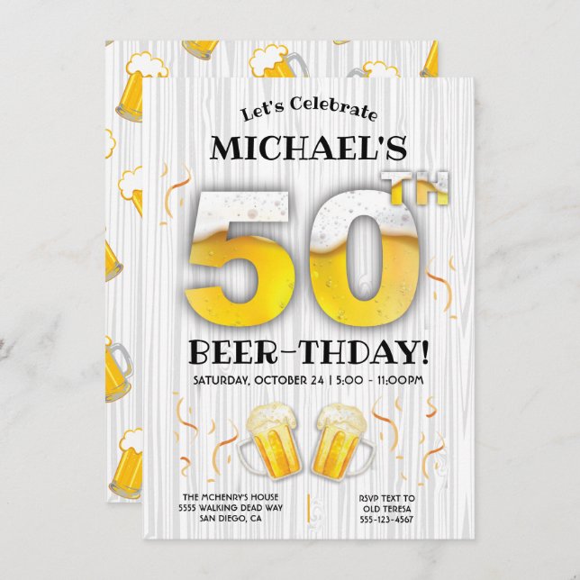 50. Beer Birthday Party - Meilenstein Einladung (Vorne/Hinten)