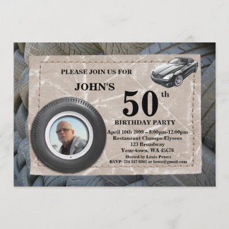 50., Birthday Man Foto, jedes Alter, Sportwagen, R Einladung