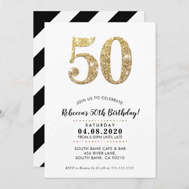 50. BIRTHDAY PARTY INVITE Moderner Glitzer Einladung (Vorne/Hinten)