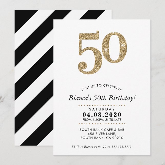 50. BIRTHDAY PARTY INVITE Moderner Glitzer Einladung (Vorne/Hinten)