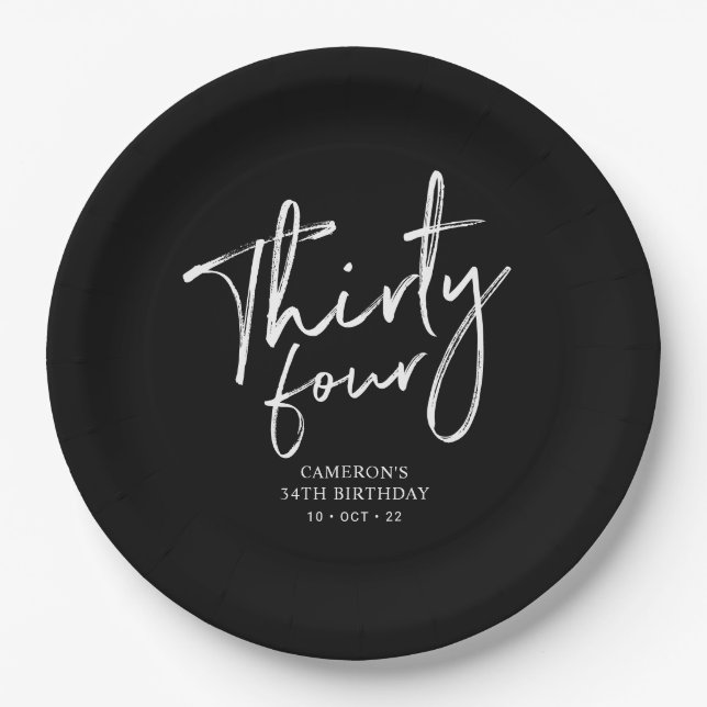 50 Black Modern Lettering 34. Geburtstagsparty P Pappteller (Vorderseite)