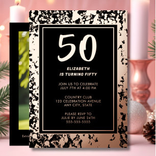 50. Black Rose Gold Foto auf Back Custom Birthday Folieneinladung