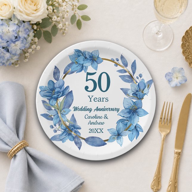 50. Blaue Blumen Goldene Hochzeit Pappteller (Von Creator hochgeladen)