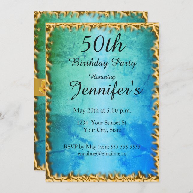 50. Blue Aquamarin Birthday Party Einladung (Vorne/Hinten)