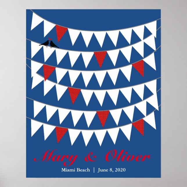 50 Bunting Red Blue Wedding Guest Book Poster (Vorne)