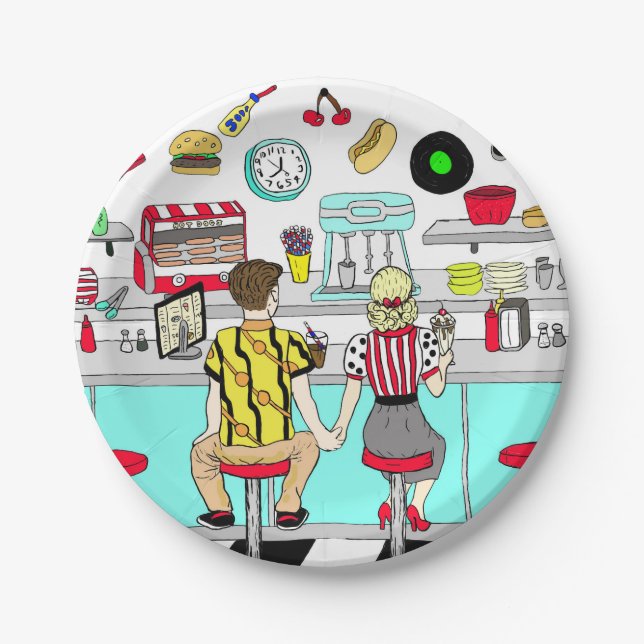 50 Diner Nostalgic Couple Holding Hands Art Pappteller (Vorderseite)