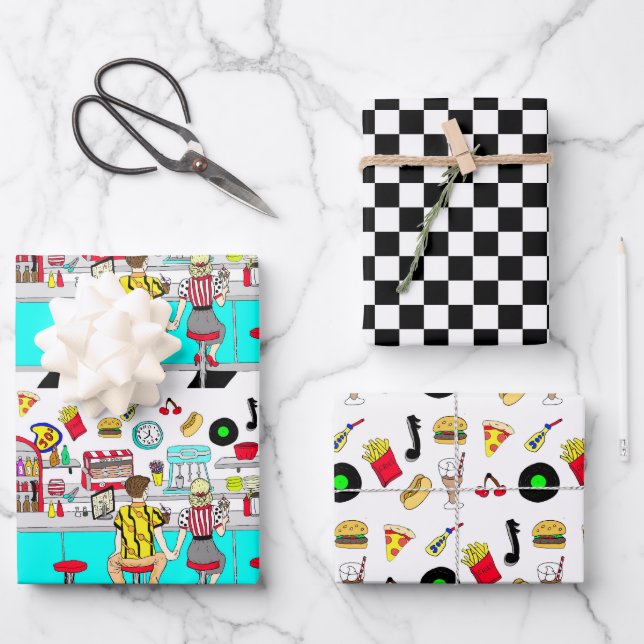 50 Diner Nostalgic Couple Holding Hands Geschenkpapier Set (Vorderseite)