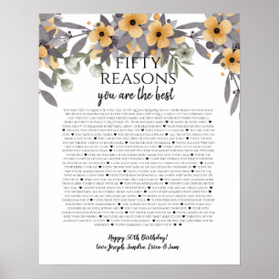 50 Dinge, die wir an dir lieben silber-gelbe Blume Poster