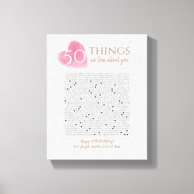 50 Dinge, die wir über Sie Liebe Aquarellherz Mama Leinwanddruck (Vorderseite)