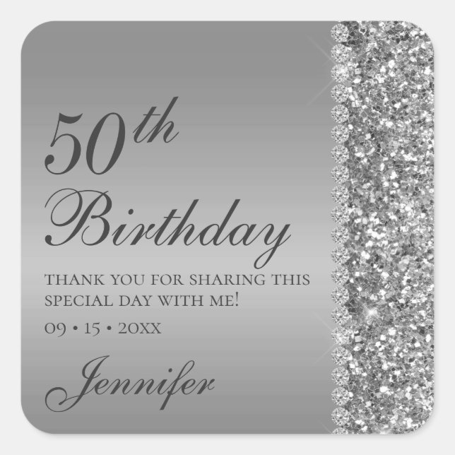 50. Elegant Silver Birthday Quadratischer Aufkleber (Vorderseite)