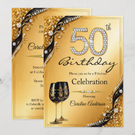 50 Elegante Gold-Schwarz Geburtstagsfeier Diamant Einladung