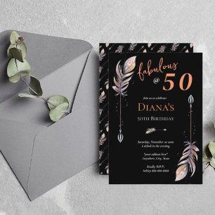 50 & Fab 50. Geburtstag Schwarz Orange Boho Federn Einladung