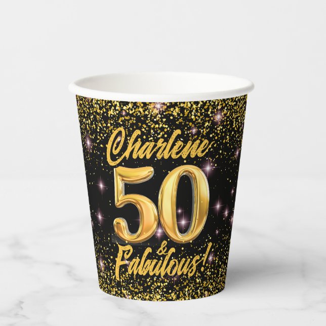 50 fabelhafte Gold Glitzer Pink Stars 50. Geburtst Pappbecher (Vorderseite)