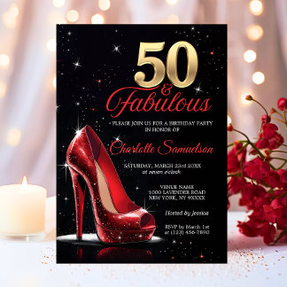 50 & fabelhafte Red Gold High Heels zum Geburtstag Einladung