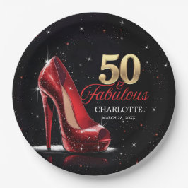 50 & fabelhafte Red Gold High Heels zum Geburtstag Pappteller