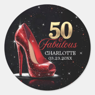 50 & fabelhafte Red Gold High Heels zum Geburtstag Runder Aufkleber