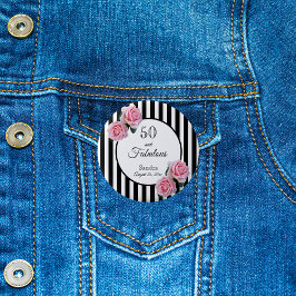 50 fabelhafte rosa Rosen Schwarz-weiße Streifen Button