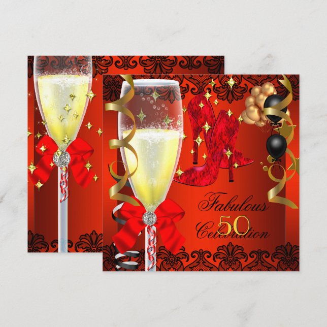50 fabelhaftes Red Black Gold 50. Champagner Party Einladung (Vorne/Hinten)