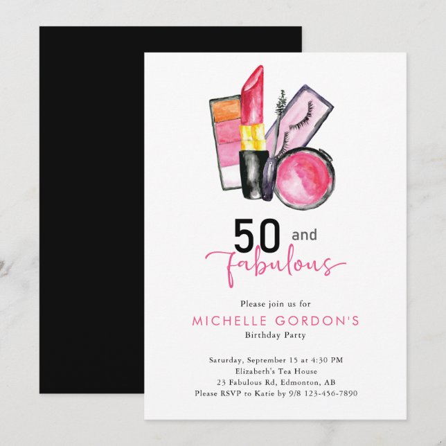 50 & Fabulous 50. Geburtstag Kosmetik Pink Beauty Einladung (Vorne/Hinten)