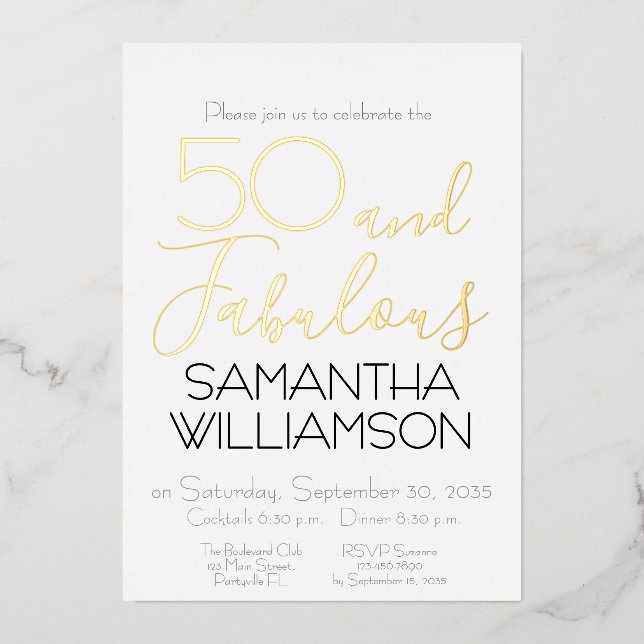 50 & Fabulous 50th Birthday Party Black Elegant Folieneinladung (Vorderseite)