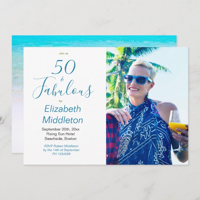 50 Fabulous Beach Blue Modern Foto Typografie Einladung (Vorne/Hinten)