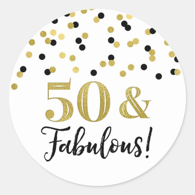 50 & Fabulous Birthday Black Gold Confetti Runder Aufkleber (Vorderseite)