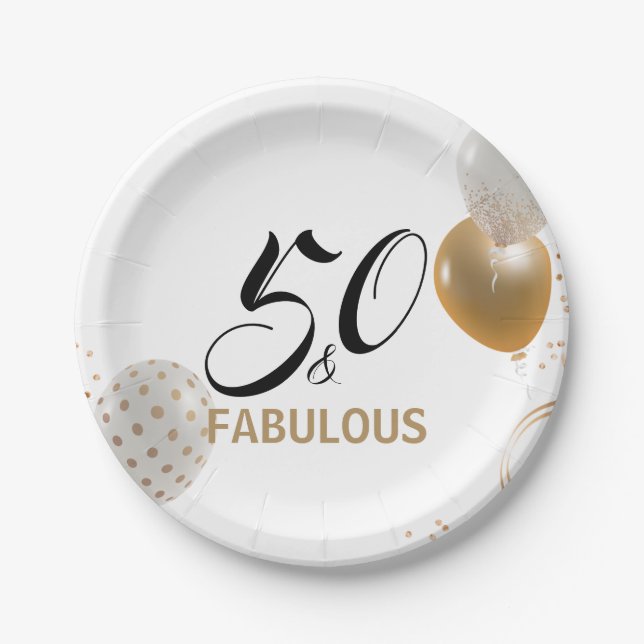 50 & Fabulous Birthday Black Gold Party Balloons Pappteller (Vorderseite)