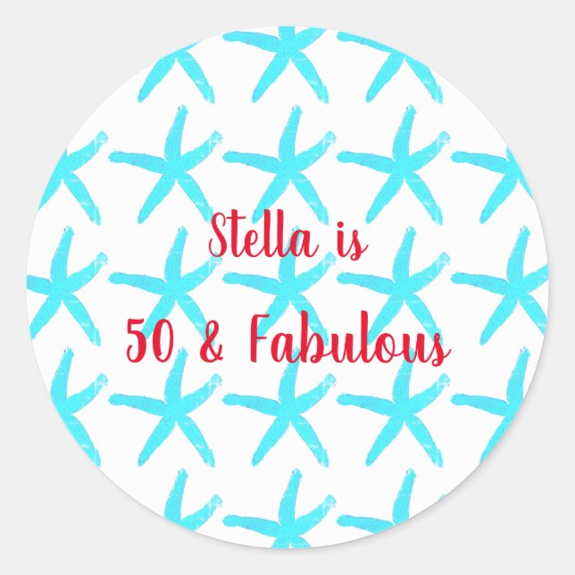 50 & Fabulous Birthday Blue Starfish Patterns Cool Runder Aufkleber (Vorderseite)