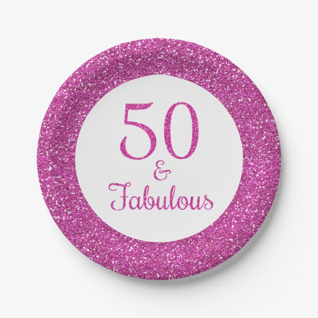 50 & Fabulous Birthday Pink Glitzer Pappteller (Vorderseite)