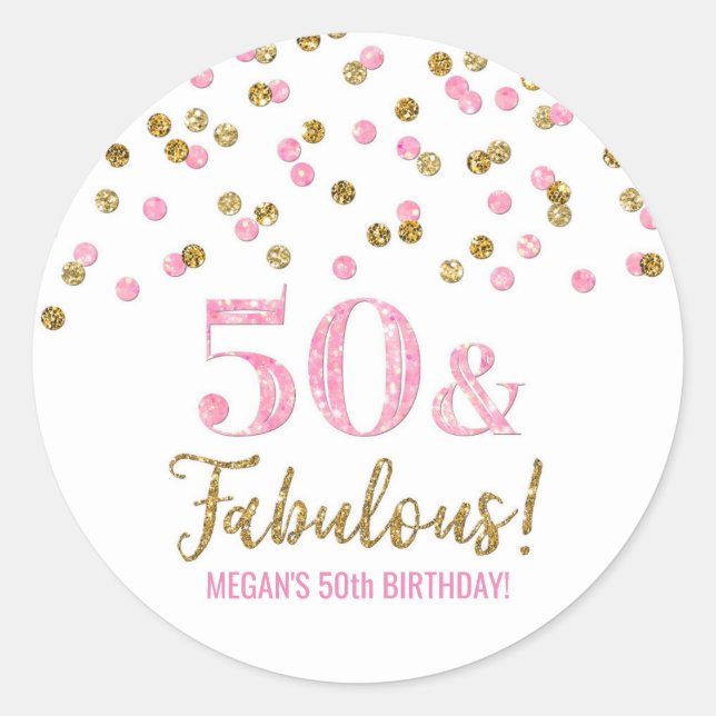 50 & Fabulous Birthday Pink Gold Confetti Runder Aufkleber (Vorderseite)