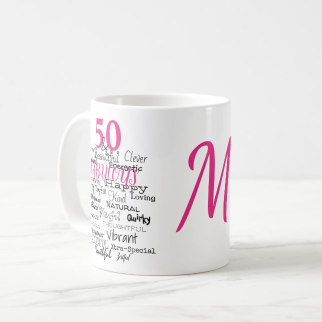50 & Fabulous Birthday Pink Typografy Monogram Kaffeetasse (Vorderseite Links)