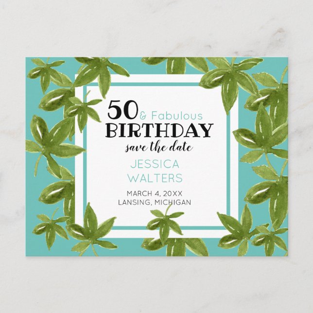 50 & Fabulous Birthday Tropical Save the Date Einladungspostkarte (Vorderseite)