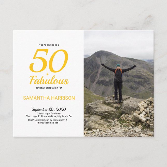 50 & Fabulous Birthday Yellow Black Foto Postkarte (Vorderseite)