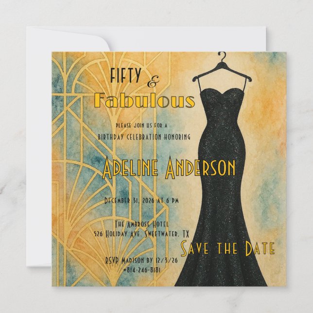 50 Fabulous Black Gold Art Deco Save The Date Card (Vorderseite)