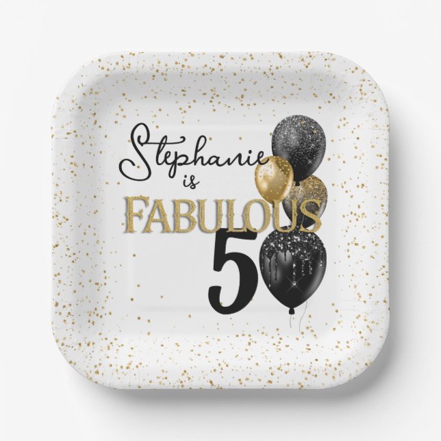 50 & Fabulous Black Gold Glam Square Paper Plate Pappteller (Vorderseite)