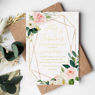 50 & Fabulous Blush Gold Floral Geburtstag Folieneinladung