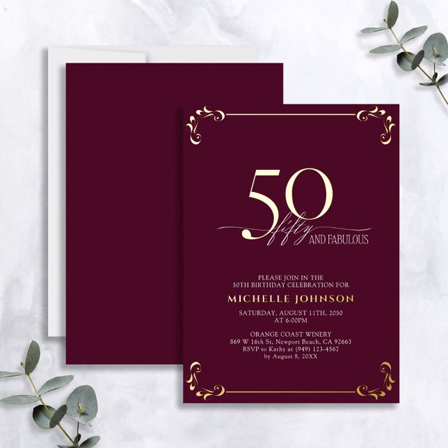 50 & Fabulous Burgundy & Gold Calligraphy Geburtst Folieneinladung (Von Creator hochgeladen)